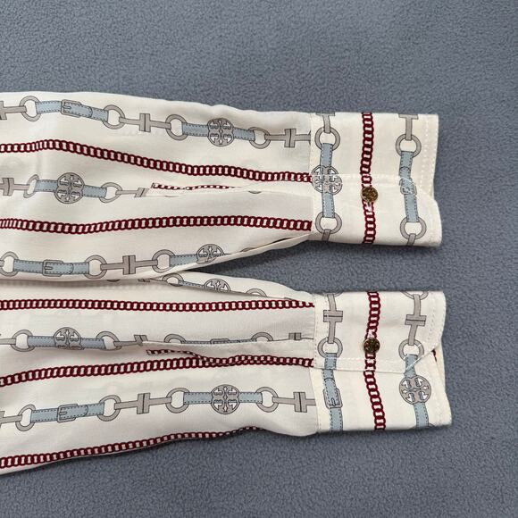 Tory Burch Logo Chain Silk 1/2 Button Down Long Sleeve Top Womens 4 Old Money - Picture 6 of 14